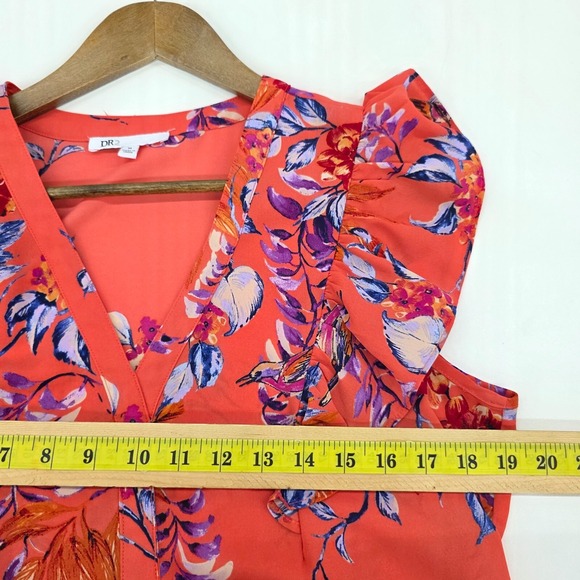 Womens M Coral Floral Ruffle Sleeve Blouse V-Neck Lightweight Boho‎ Top - Picture 12 of 13